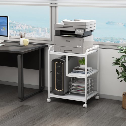 Fannova Large Printer Stand Table with Storage Shelf for Host Computer, PC Tower, CPU and Shredder, 3 Tier Rolling Printer Cart with Wheels for Home Office Storage and Organization - White
