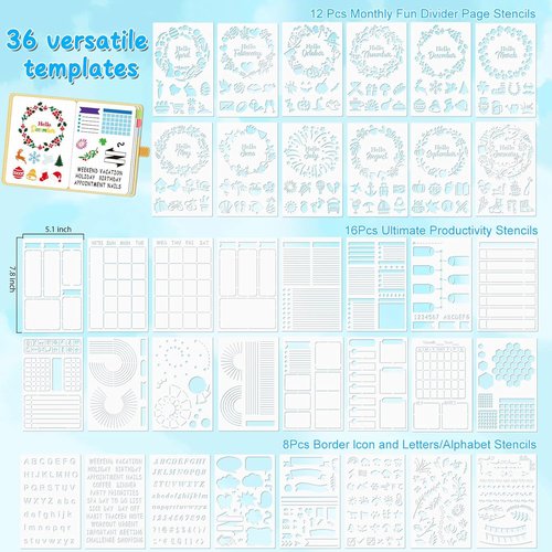 GYGOT 36 PCS Planner Stencils - Plastic Bullet Journal Accessories for A5 Dotted Journals | Ultimate Productivity & Seasonal Themes