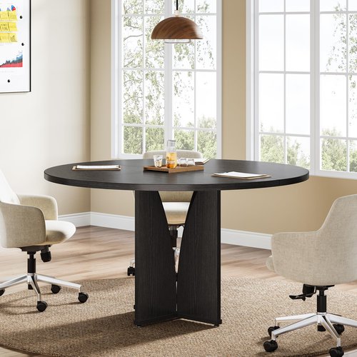 Tribesigns 39" Round Conference Table for 4, Modern Round Meeting Table with Sturdy Base, Small Compact Conference Room Tables for Office, Training, or Negotiation (Black)