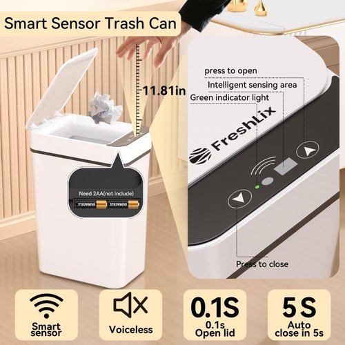 FRESHLIX 3 Pack Bathroom Trash Can 2.6 Gallon Small Touchless Automatic Motion Sensor Trash Cans Slim Waterproof Garbage Bin with Lid for Kitchen, Office, Bedroom White