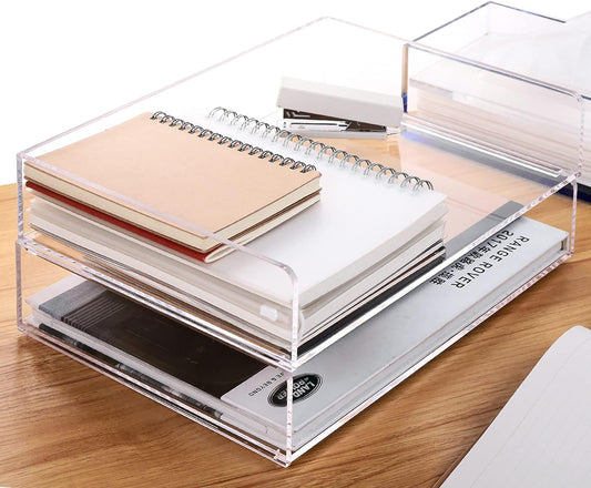 Skiennix Clear Acrylic Paper Tray Organizer - Stackable File Holder for Office & Classroom | 2-Tier Design