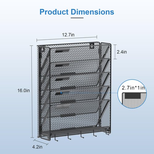 OUTWOLF Hanging Wall File Organizer with Hooks, 6 Tier Vertical Wall Mount File Holder, Paper Document Mail Organizer for Office
