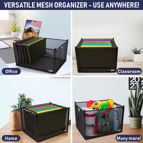 Hanging File Organizer Mesh Box, Supports Letter and Legal-Sized Hanging Folders, Modern Black Metal Mesh File Crate, Collapsible Document Organizer Box for Home or Office Storage