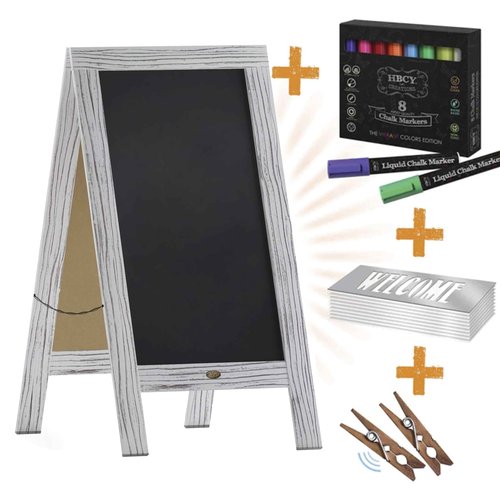 Flash Furniture Canterbury Magnetic Chalkboard Sign Set - Whitewashed Wood Frame - 40" x 20" - Indoor/Outdoor - 8 Chalk Markers, 10 Stencils, Eraser, 2 Magnets