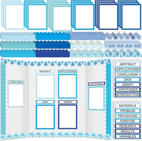 Fuyoooo Science Fair Board Supplies - 90 Pcs with 60 Trim Scalloped Borders & 6 Titles (Ocean)