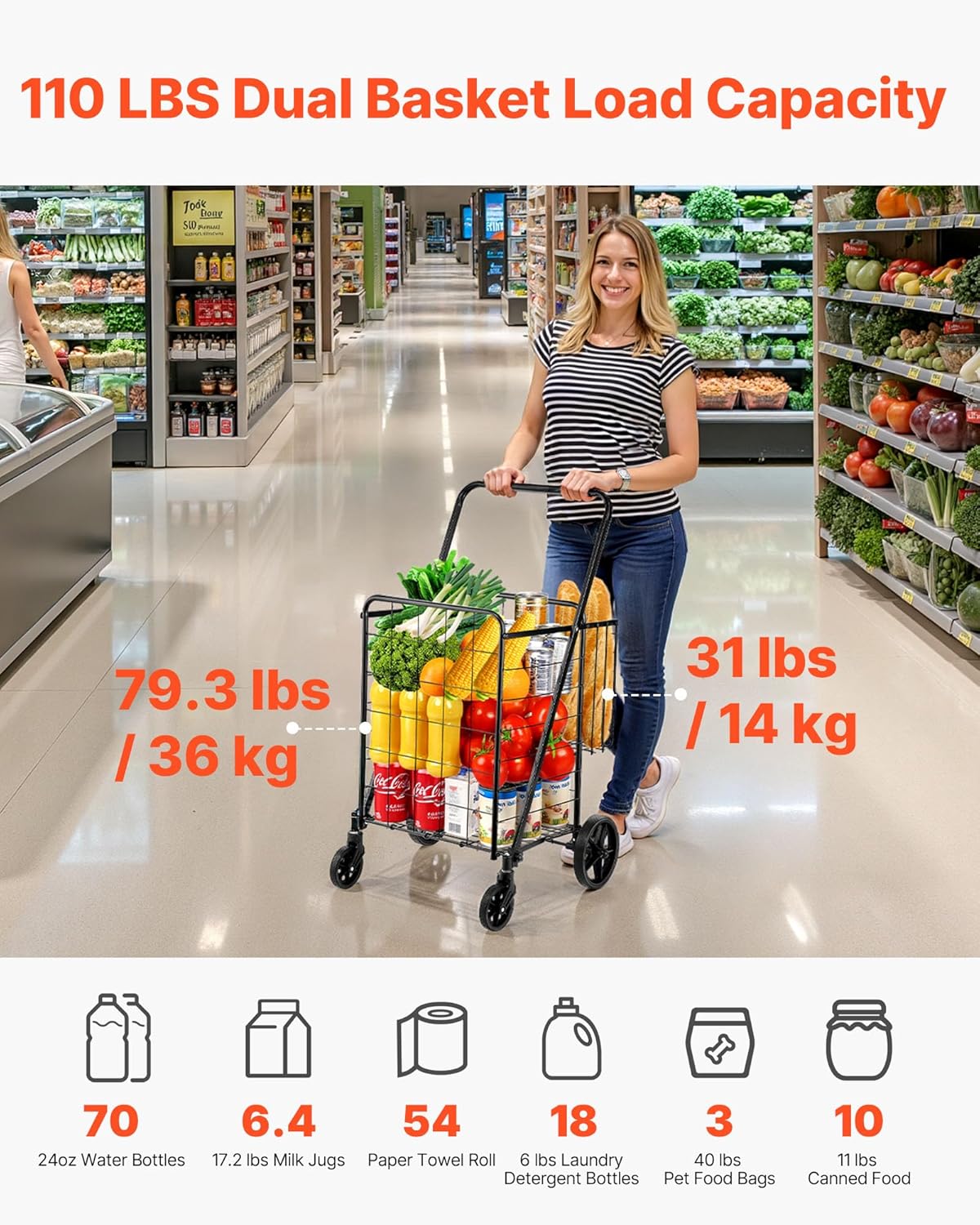 VEVOR Jumbo Grocery Cart - Heavy Duty Folding Shopping Cart with Double Baskets & 360° Swivel Wheels | 110 LBS Capacity, Black