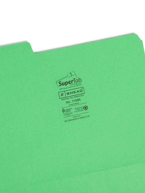 Smead SuperTab File Folder, Oversized 1/3-Cut Tab, Letter Size, Green, 100 per Box (11985), Pack of 1