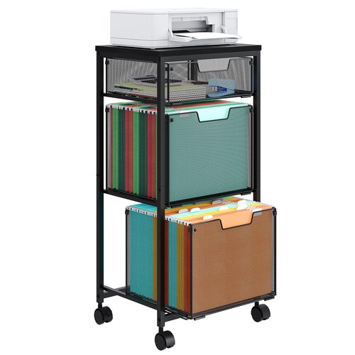 Sbanmao 3 Drawer Mobile File Cabinet for Home Office, Rolling Filing Cabinet on Lockable Wheels, Hanging File Folders Organizer, Utility Cart Storage and Organizer, Printer Stand, Black