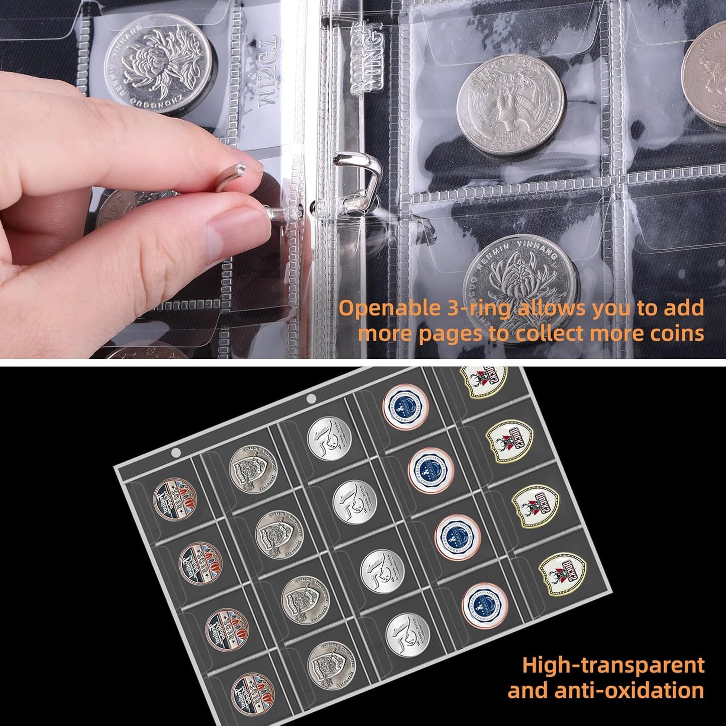Skiennix Coin Collection Book - Fireproof 260-Pocket Organizer for 20-38mm Coins | Black Album