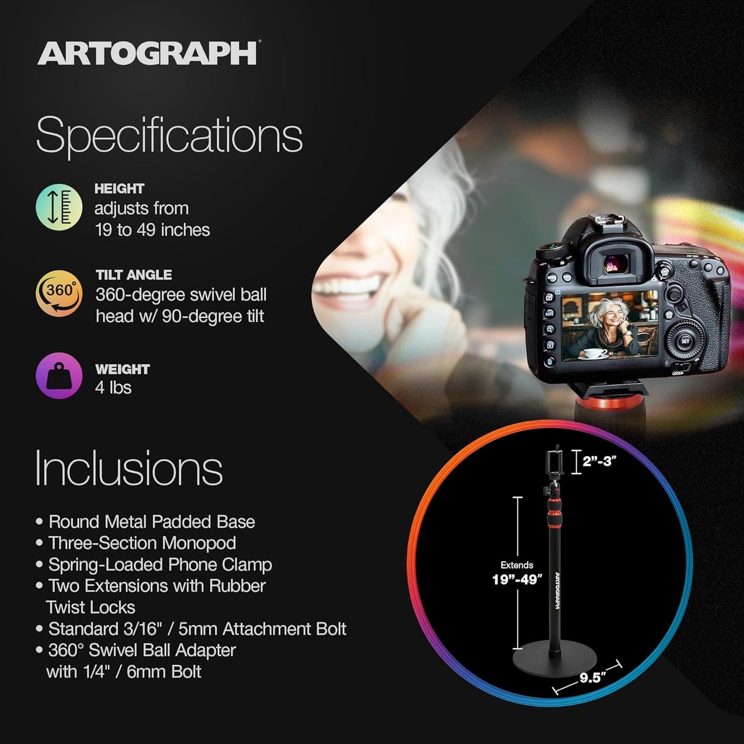 Artograph Height Adjustable Projector Stand - Versatile Monopod for Projectors, Cameras & Lights | Includes Smartphone Holder