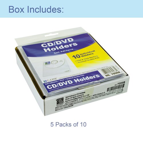 C-Line Self-Adhesive CD Holder, 5.33 X 5.66 Inches, Clear, 5 Packs of 10 Sheets, 50 Total (70568-5)