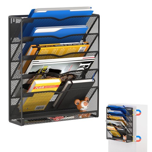 Mogbhw 6-Tier Magnetic File Holder, No Drilling Magnetic File Organizer Folder Holder, Black Hanging Magnetic Paper Holder for Refrigerator, Whiteboard, File Cabinets, Office, Kitchen (Black, 6-Tier)