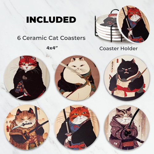 Ninja Cat Coasters - Anime Cat Decor Set of 6 - Perfect Gifts for Cat Lovers with Holder