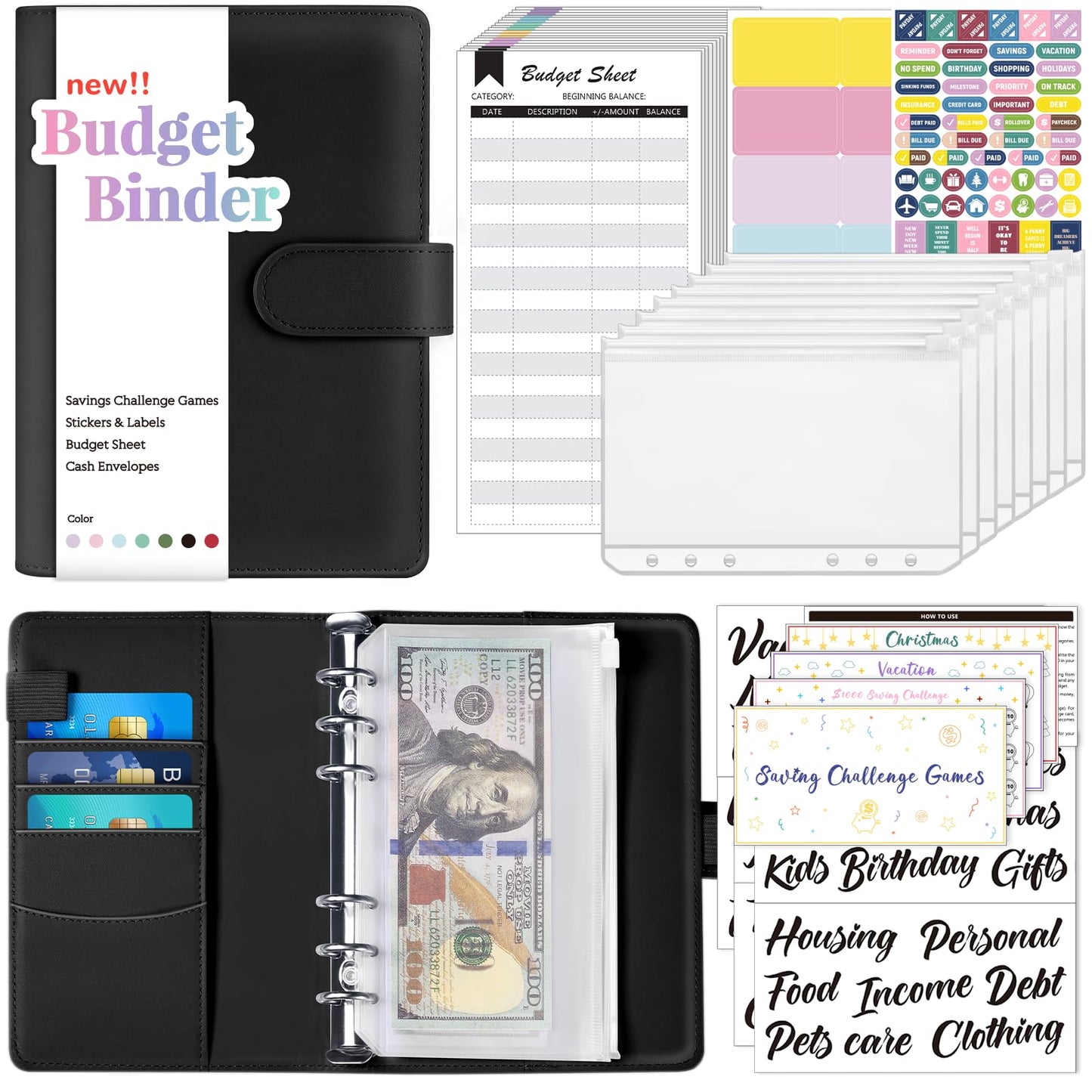 Sooez Laser Silver Money Organizer for Cash, A6 Budget Binder with Cash Envelopes, 39 Black Bold Sticky Labels & 24 Colorful Budget Sheets, Money Saving Binder for Budgeting