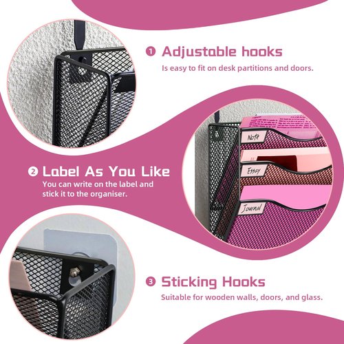 ideallife 5 Pockets Mesh Wall File Holder Organizer Office Hanging File Folder Magazine Rack, Nametag Label Hooks Set Included, Black Large Mesh