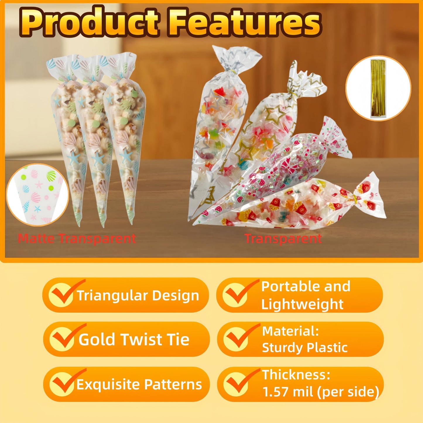 PABCK 50Pcs Cone Shaped Cellophane Treat Bags 6.69x11.8 inch Party Favor Gift Wrap Cellophane Bag Clear Plastic Bags for Candy Cookies Popcorn Snack Packaging Food Storage Bag Triangle with 50 Gold Twist Ties