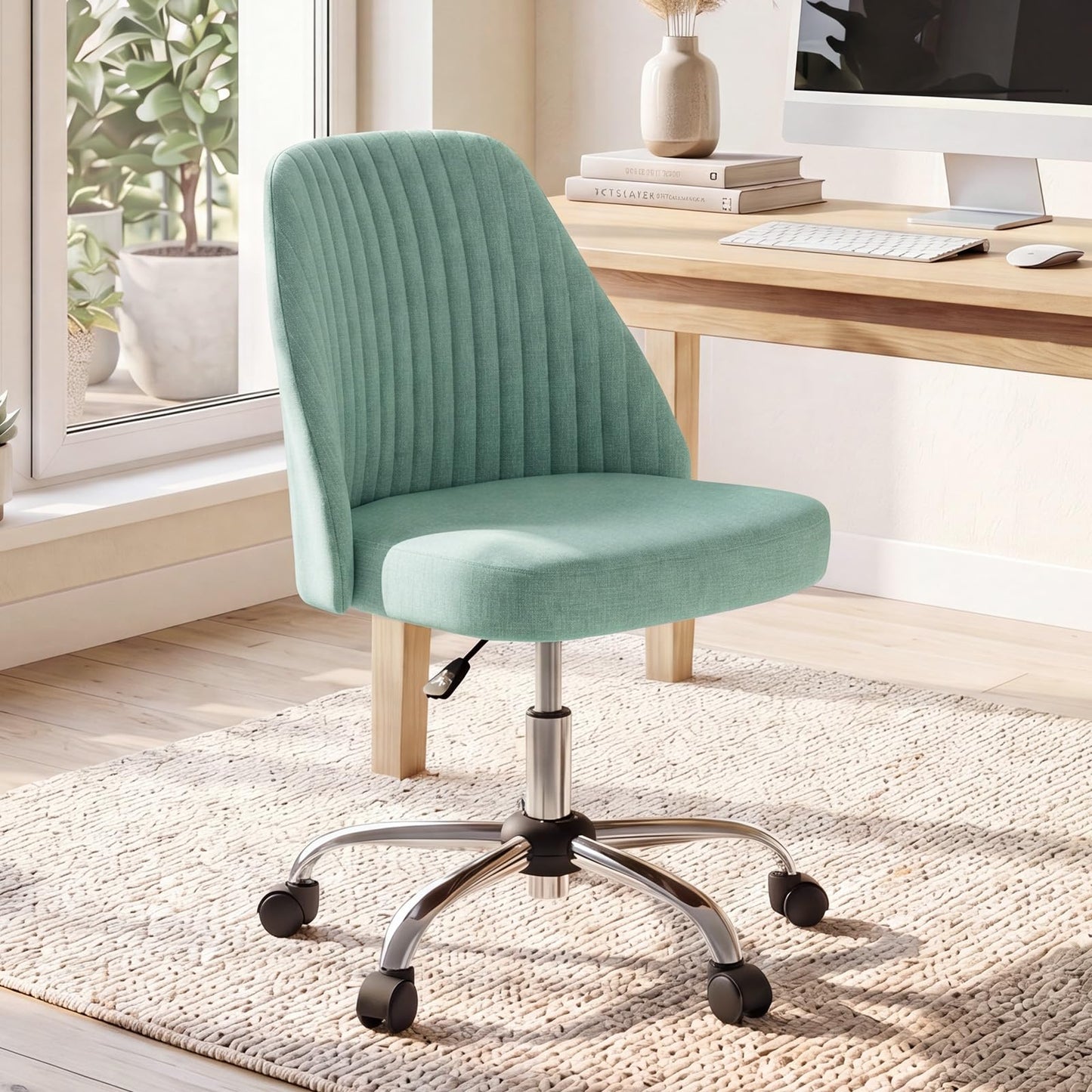 DUMOS Office Chair, Comfy Desk Chair Rolling Vanity Swivel Task Chairs with Wheels, Wide Seating Armless Height Adjustable Computer Chairs for Home,Bedroom,Student,Adults, Green