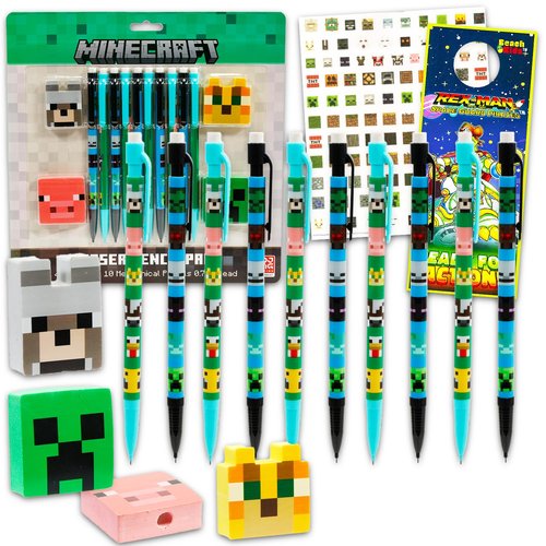 Minecraft 10 Count Mechanical Pencils for Classroom Set - School Supplies Bundle with 10 Pencils, 4 Erasers, Plus Stickers, More School Supplies for Kids, Boys, Girls