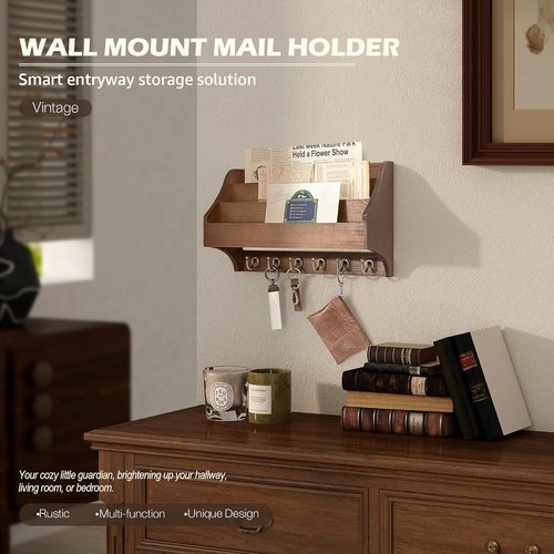 Rebee Vision Pine Wood Key Holder - Wall-Mounted Mail Organizer with Key Hooks & 3-Tier Slot | Brown