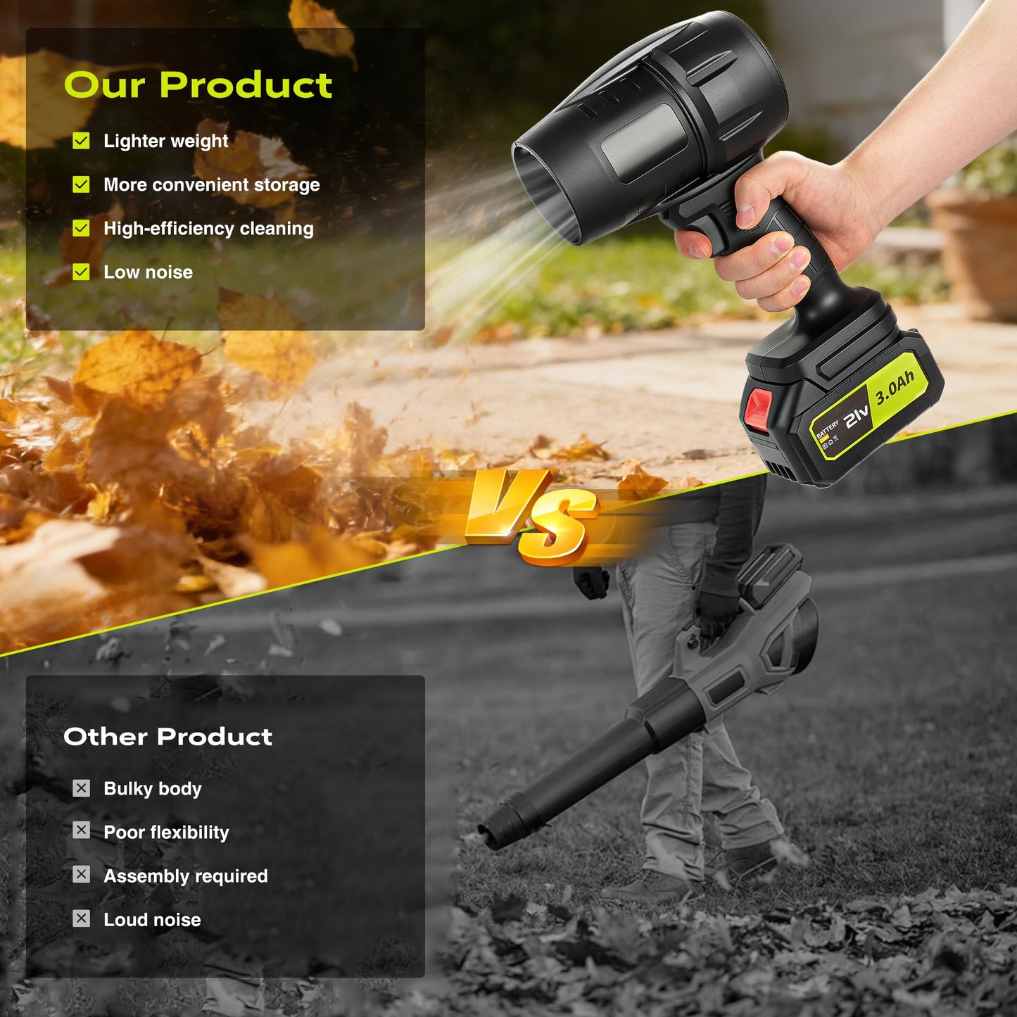IOOKNA Leaf Blower Cordless, 100000 RPM Electric Portable Leaf Blower with 21V, 2 x 3.0Ah Battery, Ultra-Light Turbo Handheld Blower for Leaves, Patio, Snow, Lawn, Dust