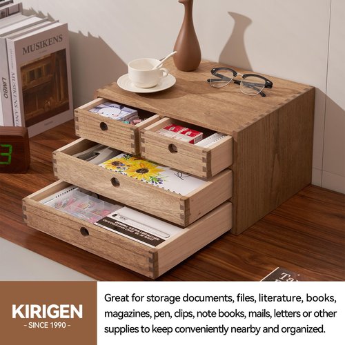 Kirigen Wood Desktop Storage Cabinet/Workspace Document Office necessity Organizer with 4 Drawers/Home,office Letter Mail Sorter with 3 levels/Hold Makeup Box (BR, 3-layer &4 drawers) Dark brown