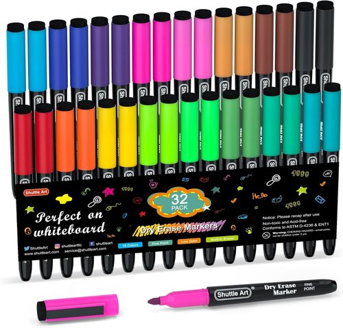 Shuttle Art Dry Erase Markers - 32 Pack of 16 Colors | Magnetic Fine Point Markers for Whiteboards & Mirrors