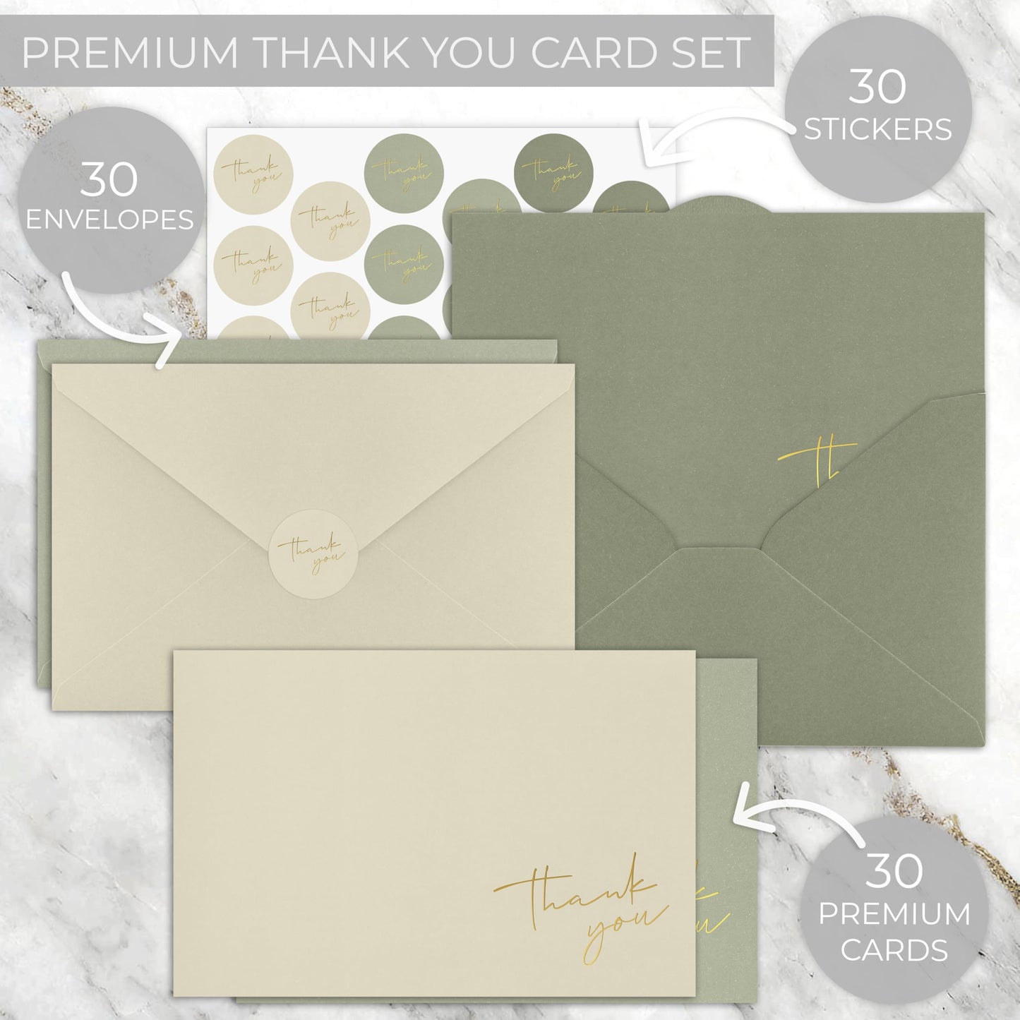 Beautiful Thank You Cards Set of 30 With Envelopes and Stickers - Elegant Blank Cards For Personalized Notes - Perfect Bulk Stationary Set For All Occasions incl. Weddings, Business & Baby Showers