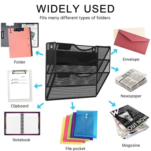LQPAFZ 3-Tier Magnetic File Holder, No Drilling Installation File Cabinet Organizer, Black Magnetic File Organizer, Magazine Rack, Magnetic Paper Holder for Refrigerator, File Cabinets, Whiteboard