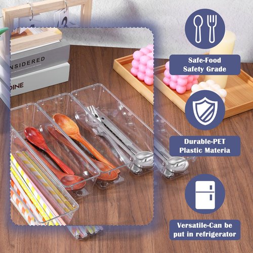 MAQUITA 12 Pcs Vanity Drawer Organizer 9 x 3 x 2 Inches Clear Plastic Utensil Organizers Kitchen Drawers Dividers for Office Desk Silverware Kitchen Utensils Cosmetics and Bathrooms(Clear)