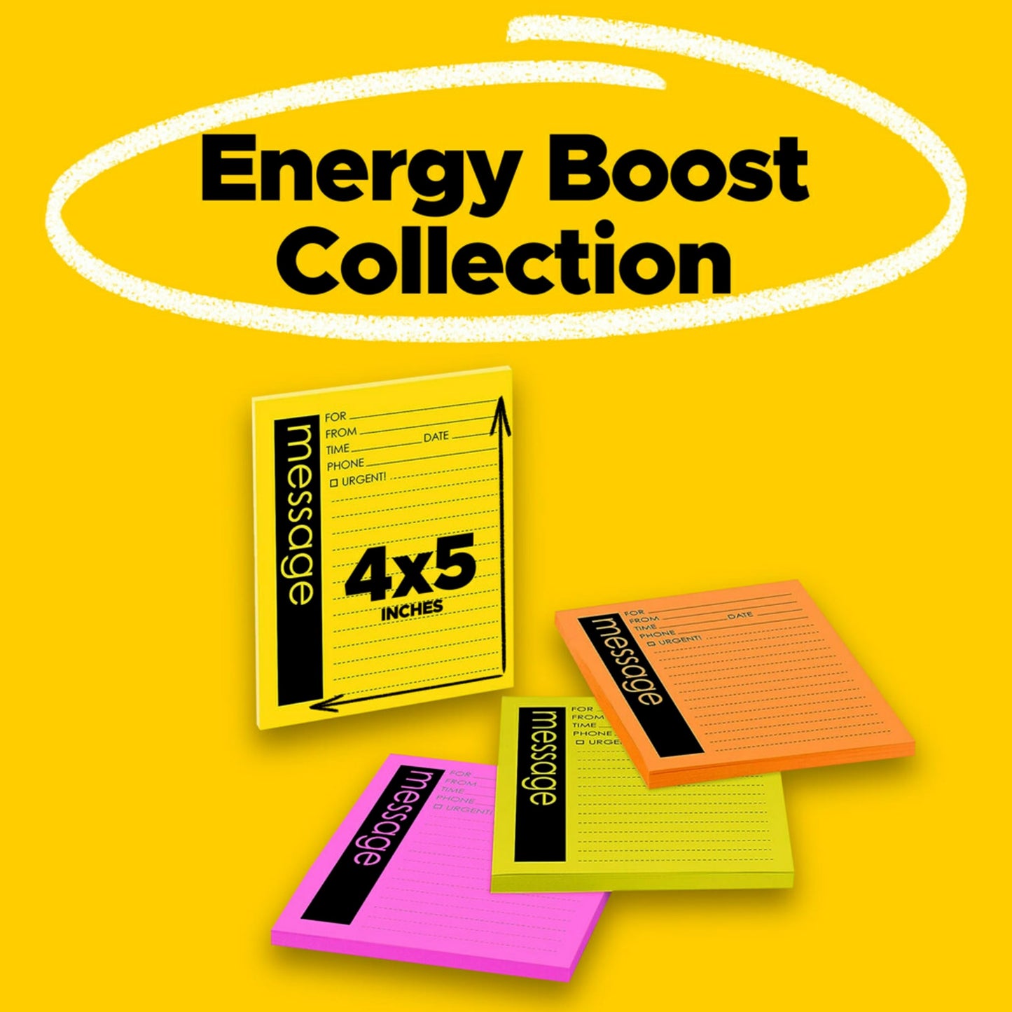 Post-it Super Sticky Lined Notes, Telephone Message, 4 Sticky Note Pads, 4 x 5 in., School Supplies for Students, Ideal for Textbooks, Notebooks, Walls and Vertical Surfaces, Energy Boost Collection
