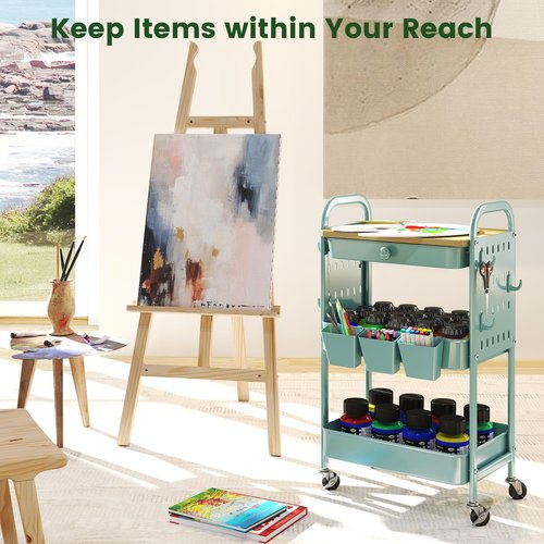 danpinera 3 Tier Rolling Cart, Metal Utility Cart with Wooden Table Top & DIY Pegboard, Rolling Carts with Drawer, Storage Cart Craft Cart with Hooks & Hanging Cups for Kitchen, Bathroom, Office