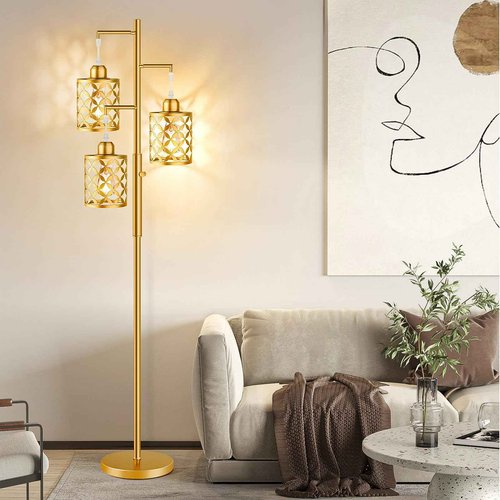 GHOOCEMLUX 68" Dimmable Floor Lamp, Modern Standing Lamp with Elegant Metal Cage, Industrial Tall Tree Floor Lamps for Living Room, Bedroom, Study Room, Office (2000LM LED Bulbs Included) - Gold