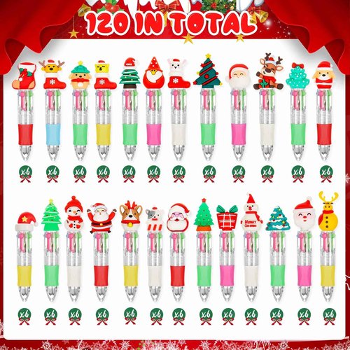 Kosiz 150 Pcs Christmas Fun Pen Bulk Mini Multicolor 4 in 1 Ballpoint Cute Retractable Pens for Winter Holiday Birthdays Parties Prizes Office Writing Supplies Goodie Bag Stuffers