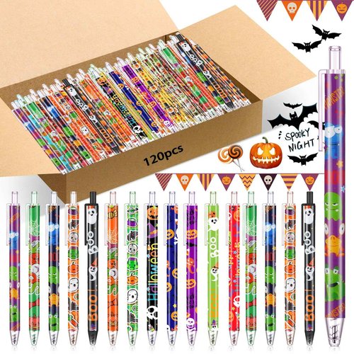 Leinuosen 120 Pcs Halloween Ballpoint Pen Retractable Gel Ink Pen Ghost Pumpkin Spider Patter Halloween Present Cute Cartoon Pens for Office School Supplies Halloween Party Supply