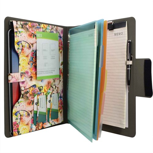 Padfolio Ring Binder with Color File Folders, Flower Painting PU Leather Organizer Portfolio with 3-Ring Binder and Clipboard (Pink)