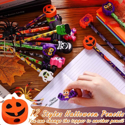 Hicarer 120 Pieces Halloween Pencils with Eraser Topper, Ghost Assortment Stationery for Kids, Students, Office, Classroom Supplies, Halloween Party Favors