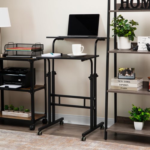 Mind Reader Standing Desk, Adjustable Height Laptop Workstation, Portable Rolling Desk on Wheels, Two-Tier Metal Frame, Black