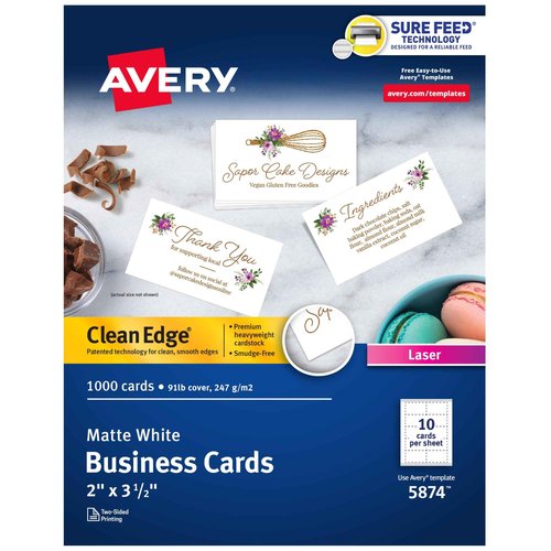 Avery Clean Edge Printable Business Cards with Sure Feed Technology, 2" x 3.5", White, 1,000 Blank Cards for Laser Printers (5874)