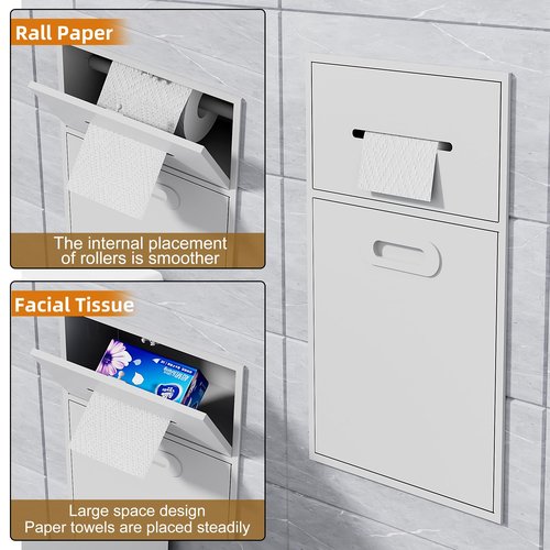 3 Gallon Bathroom Trash Can Tilt Out Trash Bin Cabinet, Hidden Trash Can Cabinet Recessed Wall Mounted Stainless Steel with Toilet Paper Holder for Bathroom/Bedroom/Office Renovation, White