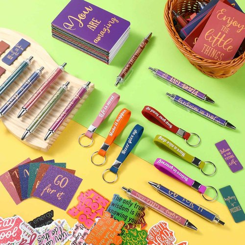 Pasimy 218 Pcs Inspirational Stationery Gifts Motivational Mini Notepad Pen Quote Bookmarks Stress Relief Stickers Inspiring Silicone Keychains for Kid Adult School Office Appreciation(Bright)