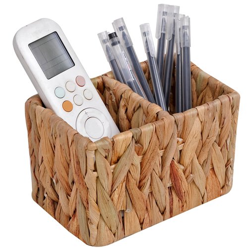 SWT8CAI Remote Control Holder Wicker Desk Organizer Woven Storage Basket,TV Remote Control Organizer Holder Storage Caddy for Table with 2 Compartments