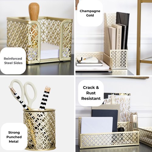 BLU MONACO Gold Desk Organizer Set – Mail Sorter, Sticky Note Holder, Pen Cup, Magazine Holder, Letter Tray & Business Card Holder – Pink Office Decor