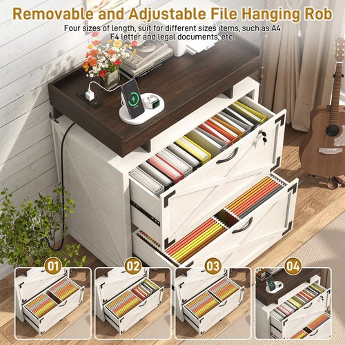 Farmhouse 2 Drawer File Cabinet on Wheels, 30" Large Locking Filing Cabinets w/ Hanging File Folders for A4/Letter/Legal Size Documents, Office Rolling Storage Cabinet for Home Office,White