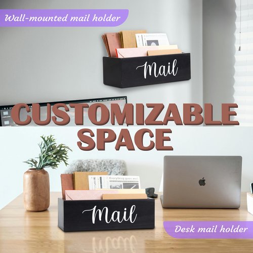 Mail Organizer for Desk or Wall Mount, 2 Compartments Ash Wood Mail Holder Countertop, Mail Basket for Desktop, Kitchen, Home, Wall | Wood Desk Mail Organizer, Black Envelope Holder for Home Office