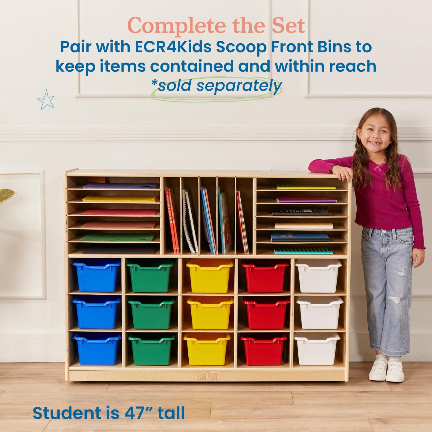 ECR4Kids Multi-Section Mobile Tray Cabinet with Cubby Storage Compartments, Kids Furniture, Natural, 48"D x 13"W x 36"H