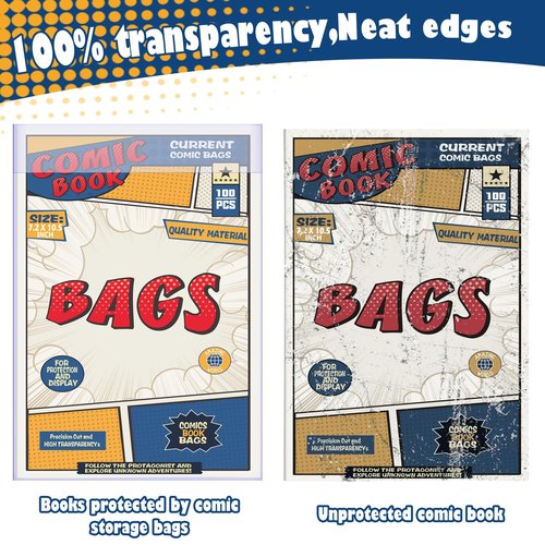 Leffis Comic Book Storage Box and 100 Count Comic Book Current Size Bags and Boards, Acid-Free Comic Backing Boards and Bags, Collapsible Comic Book Case with Carrying Handles