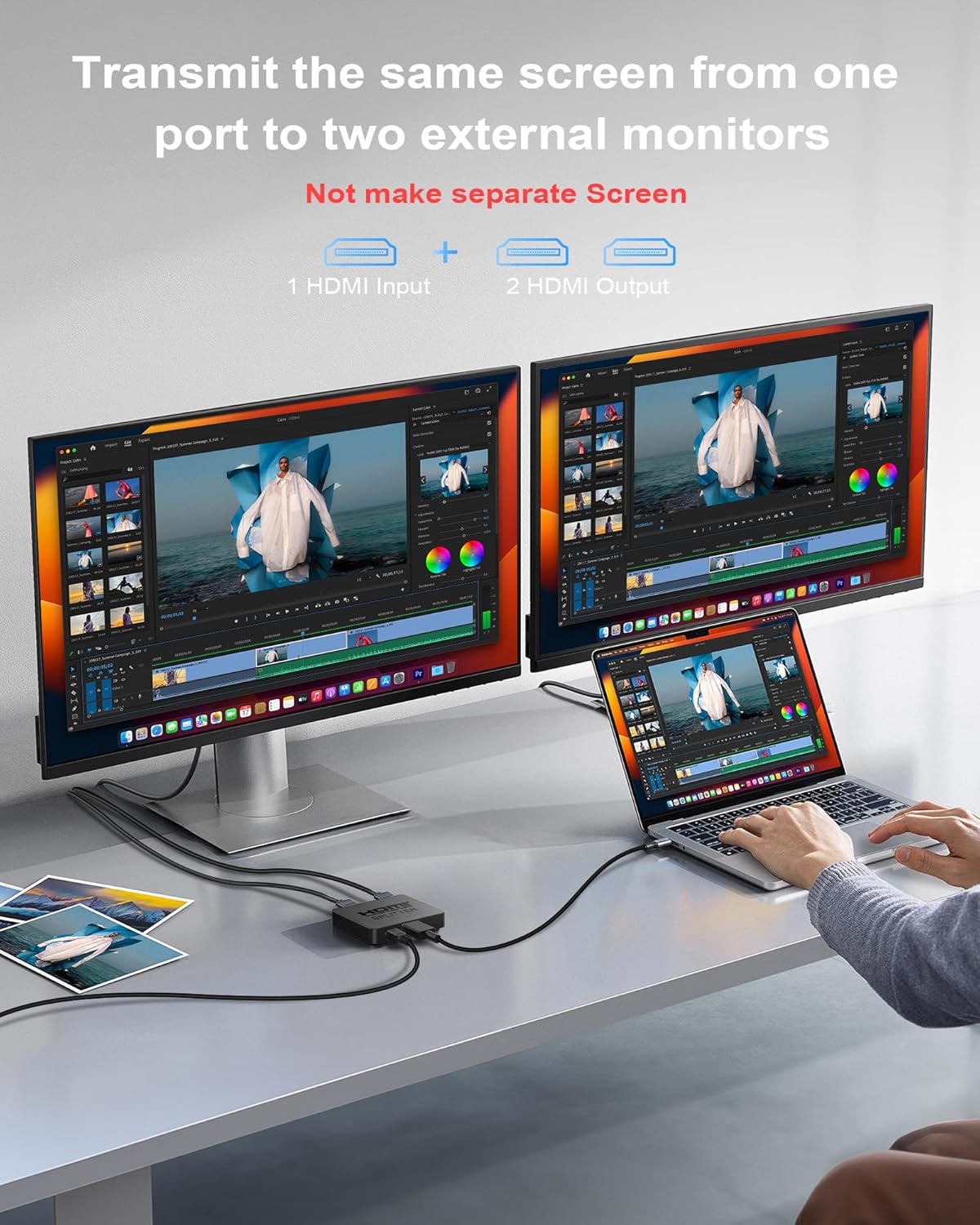 **HDMI Splitter - 4K Dual Output for Mirroring - Connects 2 Screens (Requires 5V 1A Power)**