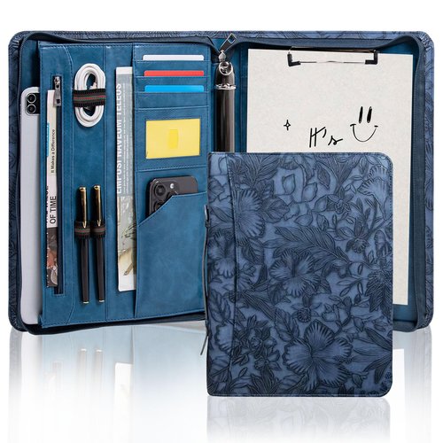 Embossed Padfolio Portfolio PU Leather Binder,3 Ring Binder,with Pad Holder, A4/Letter Size,Phone Pocket, Card Slots and Pen Loops（Dark Blue）