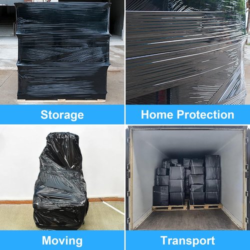 Black Pallet Wrap Stretch Film:4 Pack Moving Wrapping Plastic Roll with 2 Handles,18" Strength up to 800%,80 Gauge Thick Shrink Wrap Roll for Pallet Packaging,Transportation,Stability and Protection