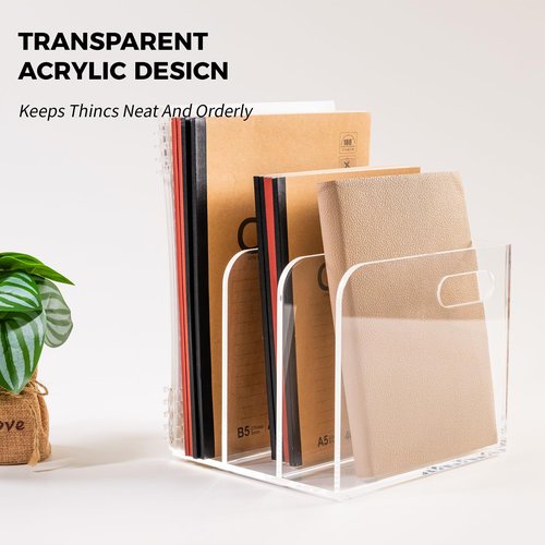 AIMOLLY 3 Vertical Compartments Clear Acrylic Desk Document Organizer & Storage Bins for Magazines, Binders, Notebooks, and Envelopes - Multipurpose Home Office Organizer - Innovative handle design
